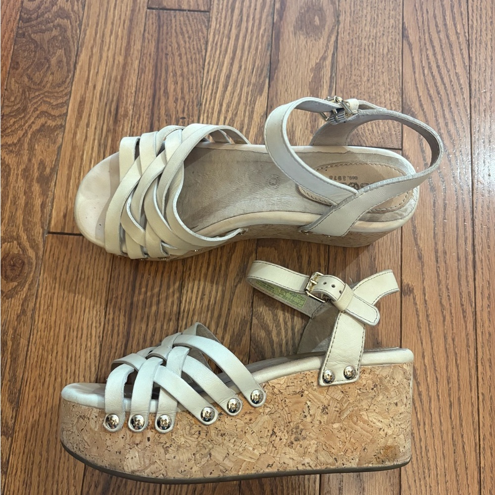 bussola Cream Leather Cork Wedge Sandals - Picture 4 of 5